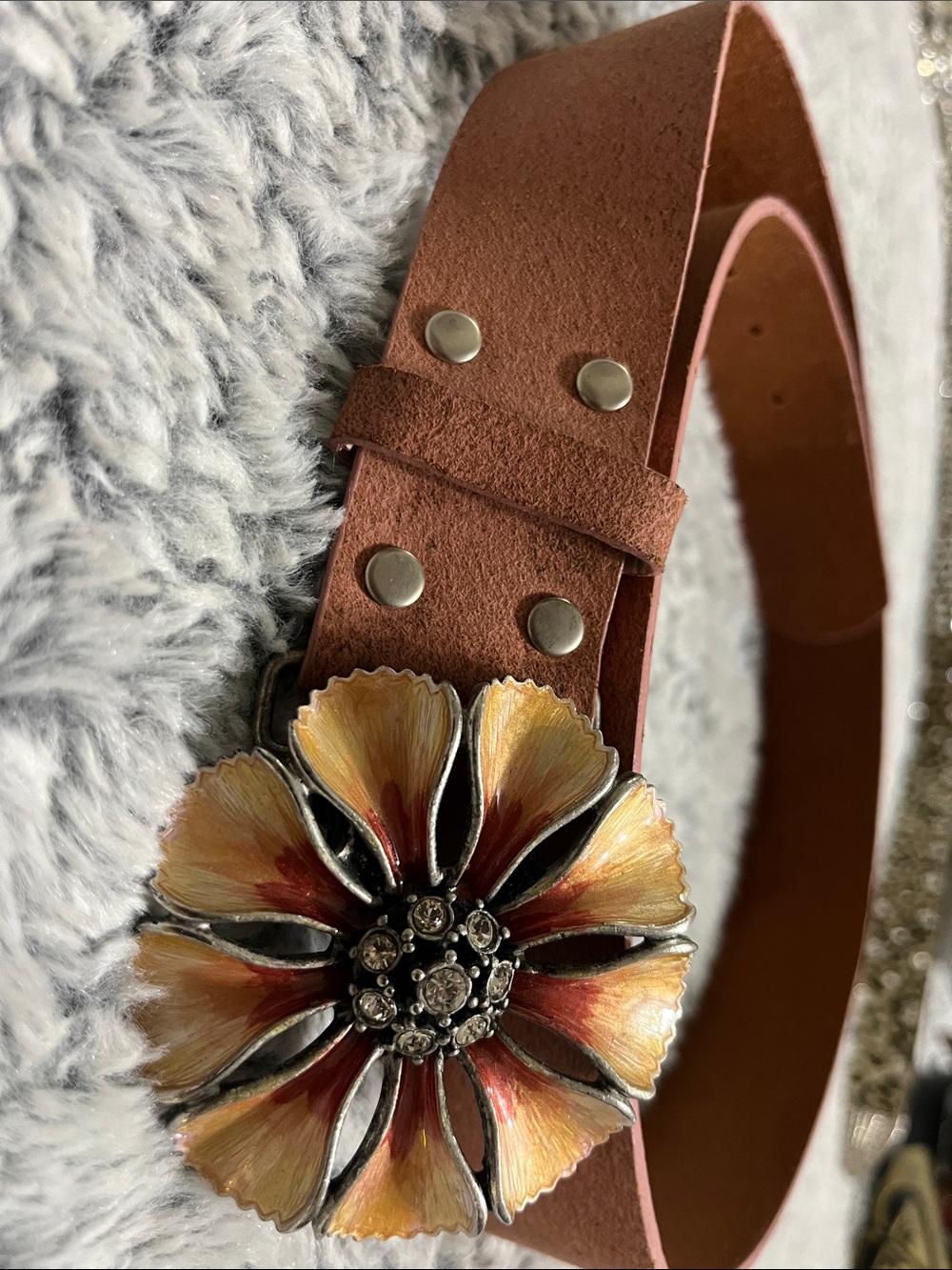 le chateau Brown Belt with Yellow and Red Floral Enamel Buckle